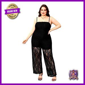 Plus Size Floral Lace Sheer Jumpsuit Spaghetti Strap Long Pants Romper
